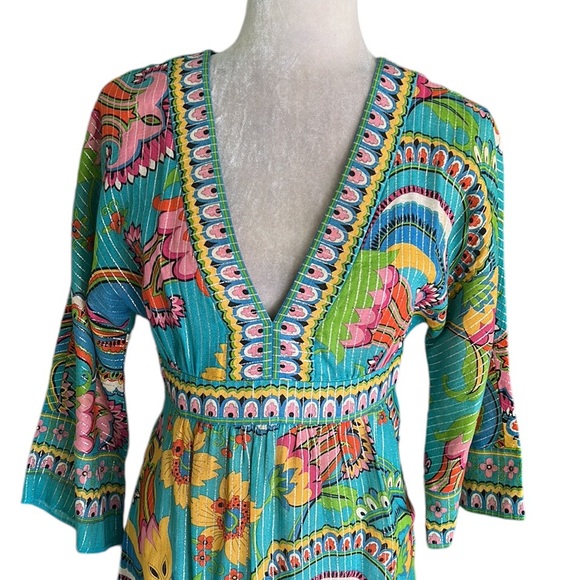 Trina Turk Floral & Metallic Silver Striped 3/4 Bell Sleeve Midi Dress - 4 - Picture 2 of 11